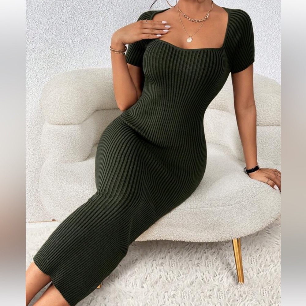 Shein Ribbed Knit Bodycon Dress in Dark Green